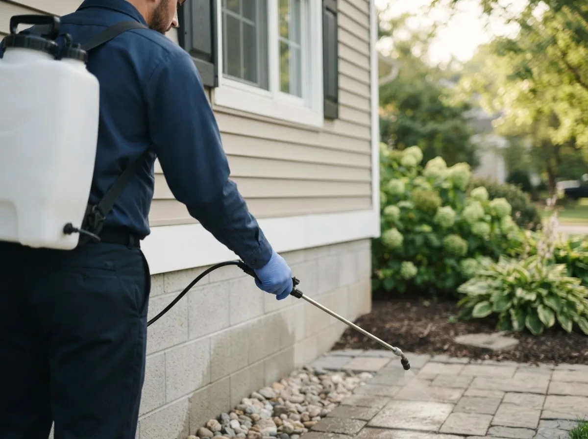 Pest control technician inspecting a home in Thurman, OH